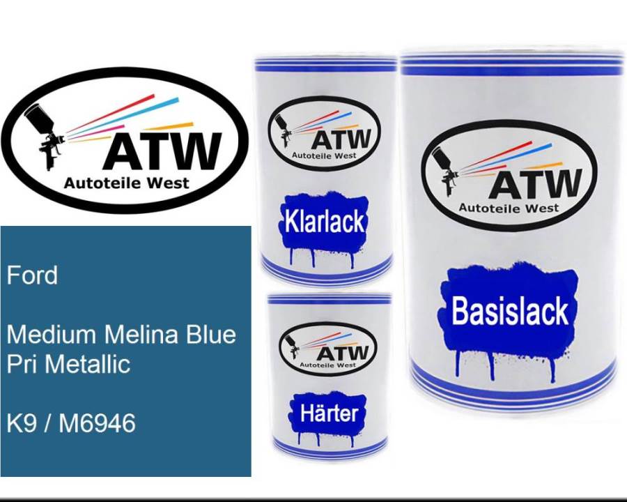 Ford, Medium Melina Blue Pri Metallic, K9 / M6946: 500ml Lackdose + 500ml Klarlack + 250ml Härter - Set, von ATW Autoteile West.